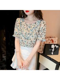 Summer new fashion temperament lace Short sleeve floral print round neck shirt