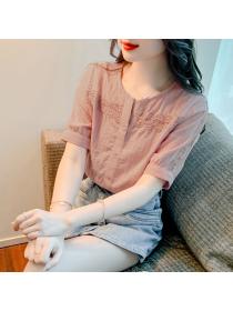 Lace jacquard V-neck short-sleeved breathable casual blouse