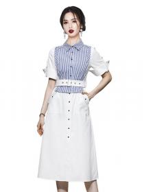 Korean Style  OL Stripe Fashion Show Waist Dress 
