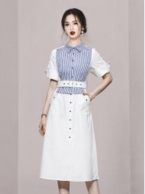Korean Style  OL Stripe Fashion Show Waist Dress 