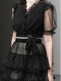 V-Neck Puff Sleeve Mesh Polka Dot Black Top + Cake Skirt Cover Dress