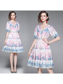 New style temperament dress French puff seeves V-neck  printed dress