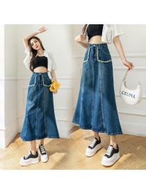Vintage style Fishtail Skirt Denim Skirt High Waist Mid Length Skirt
