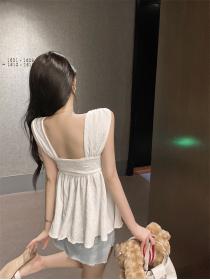 Hot sale Puff sleeve Solid color Sleeveless dress