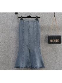 Summer dress new fishtail split skirt plus size women's denim ruffled fishtail skirt