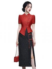 Chinese-style stand-up collar retro button short-sleeved top Slim skirt two-piece set