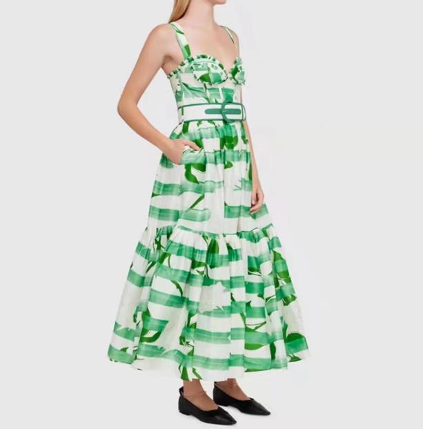 European Style Printing Slim Waist Maxi Dress