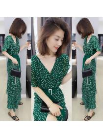 European fashion Green dress floral print summer temperament long dress(with belt)