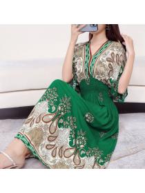 Bohemian style Cotton Silk Dress Mid Length Beach dress Floral Seaside Holiday Long Dress