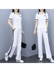Women's summer Fashion style Polo shirt+ wide-leg pants two-piece set