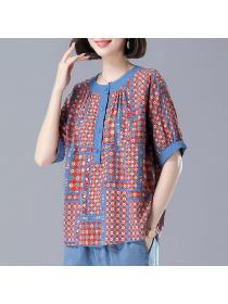 Summer thin loose middle-aged fashion print casual linen top+Denim pants