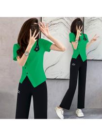 Summer fashion sports wear summer chic knitted slim top +wide leg pants two-piece set