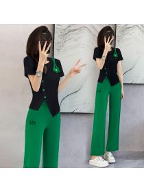 Summer fashion sports wear summer chic knitted slim top +wide leg pants two-piece set