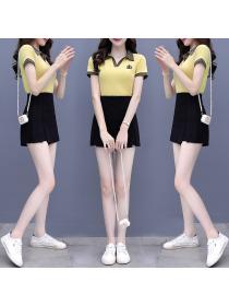Korean style lapel short-sleeved t-shirt sexy slim slit shorts Two piece set