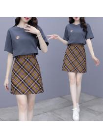 Fashion style Summer Round neck T-shirt+A-line Plaid skirt Two piece set