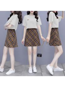 Fashion style Summer Round neck T-shirt+A-line Plaid skirt Two piece set 