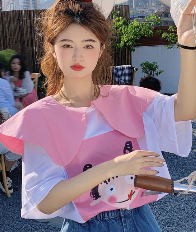 Korean sweet  Lace Matching  loose all-match loose T-shirt