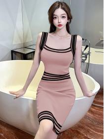 Temperament ladies' new chic striped knitted dress