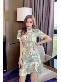 New style Flower print lotus leaf girl's slit cheongsam dress