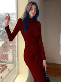 Autumn new wool knitted slim waist high neck knitted sweater dress