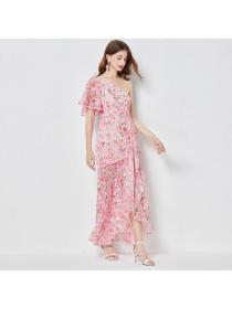 Sexy floral print Asymmetric single shoulder slim waist ruffle dress