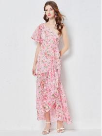 Sexy floral print Asymmetric single shoulder slim waist ruffle dress