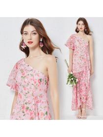 Sexy floral print Asymmetric single shoulder slim waist ruffle dress