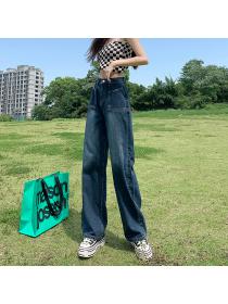 Vintage style high waist jeans women's loose straight wide leg denim pants 