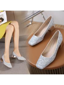 Sequin sexy Korean style women's square head thick heel banquet wedding shoes 