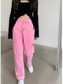 Women's high waist straight loose wide leg pink jeans