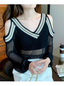 On Sale Dew Shoulder Color Matching Knitting Top 