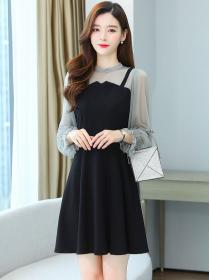 Black temperament fake two-piece long-sleeved light elegant style dress