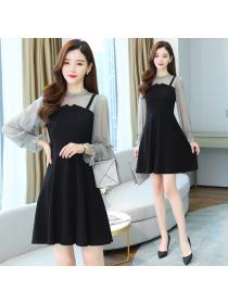 Black temperament fake two-piece long-sleeved light elegant style dress