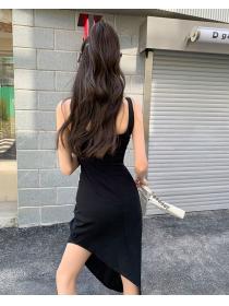 Summer new black suspender dress women's pleated Long dress