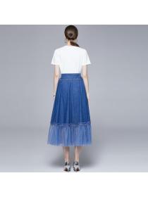 Summer new white T-shirt + denim mesh large swing high waist umbrella skirt