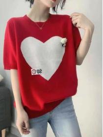 Loose thin ice silk knitted sweater women's short-sleeved heart pattern round neck top