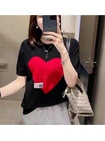 Loose thin ice silk knitted sweater women's short-sleeved heart pattern round neck top