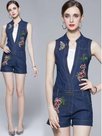 Summer new V-neck denim jumpsuit shorts sleeveless slim fit jumpsuit