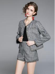 Autumn fashion women's beaded long-sleeved coat + high-waist shorts two-piece set