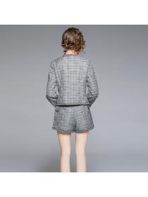 Autumn fashion women's beaded long-sleeved coat + high-waist shorts two-piece set