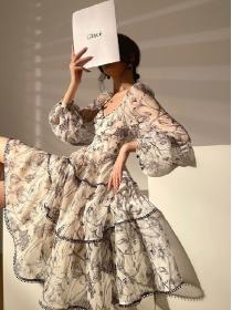 French style elegant dress High waist deep v tea dress