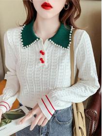 Winter new Polo collar beaded hollow jacquard long-sleeved knitted Pullovers