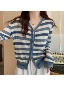 Autumn new loose v-neck stripe knitted zipper cardigan