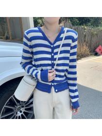 Autumn new Korean style loose v-neck Stripe Fleece knitted cardigan