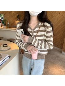 Autumn new Korean style loose v-neck Stripe Fleece knitted cardigan