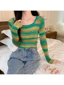 Korean style slim square collar bottoming gradient striped knitted long-sleeved top
