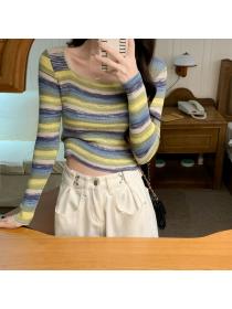Korean style slim square collar bottoming gradient striped knitted long-sleeved top