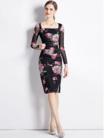 Fashion long-sleeved hip slit mid-length dress square neck Print dress