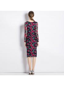 Fashion long-sleeved slit mid-length dress square neck Flower Print dress