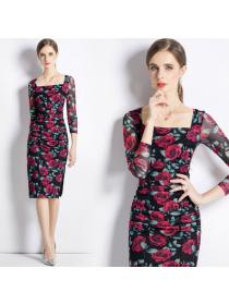 Fashion long-sleeved slit mid-length dress square neck Flower Print dress